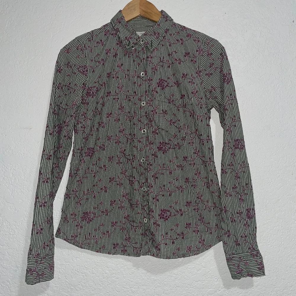 Anthropologie Odile Gingham  Embroidered Eyelet Button Down Top SZ 6 - Picture 2 of 9